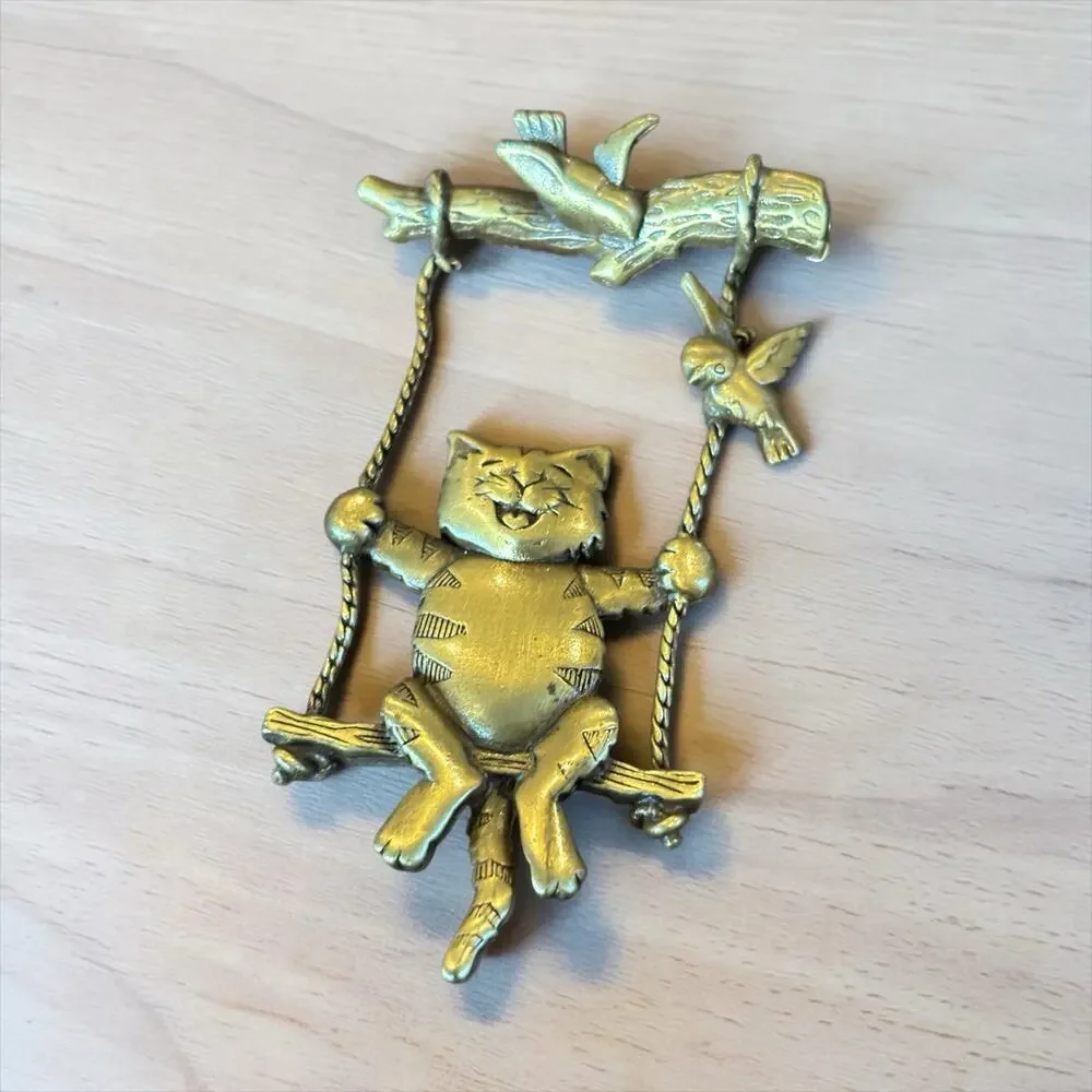 Whimsical JJ Cat on Swing Brooch Dangling Bird Gold Tone Vintage Figural